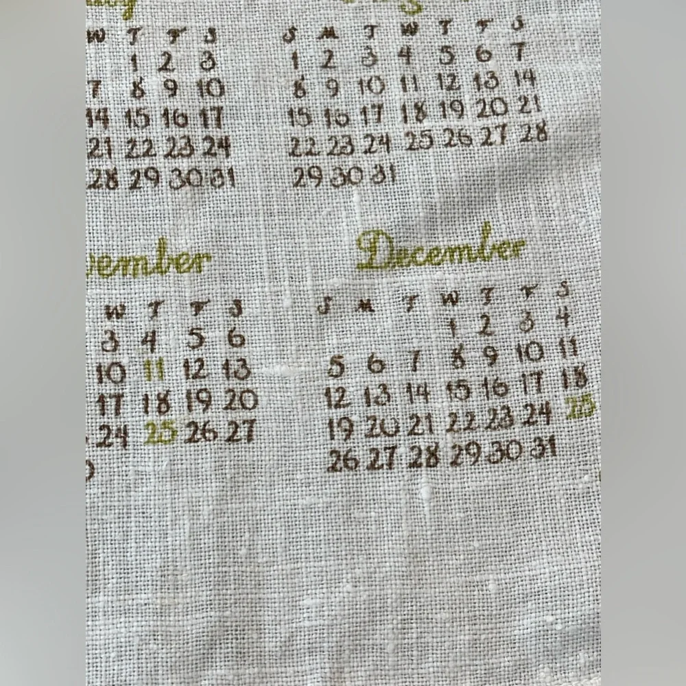 Vtg all pure‎ linen 1982 calendar tea towel wall hanging-kitchen-flower basket